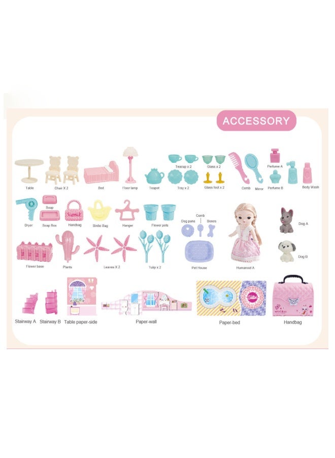 بيوينتي 2 طوابق حقيبة هائلة Dollhouse لعب مجموعة مع غرفتين ، 1 حقيبة لتجميع غرفة النوم والأثاث والحديقة والحيوانات الأليفة DIY تظاهر لعب بيت الدمية للبنات. - Image 2